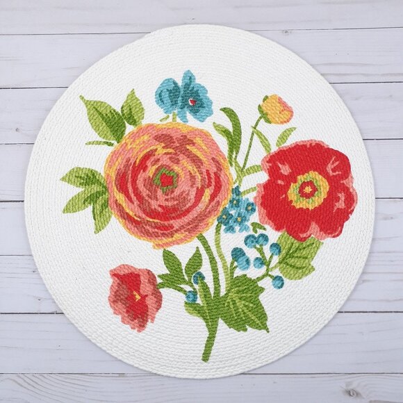 Braided Placemat Centerpiece Floral Blue Orange 14.5 In Round Flowers - Picture 1 of 2